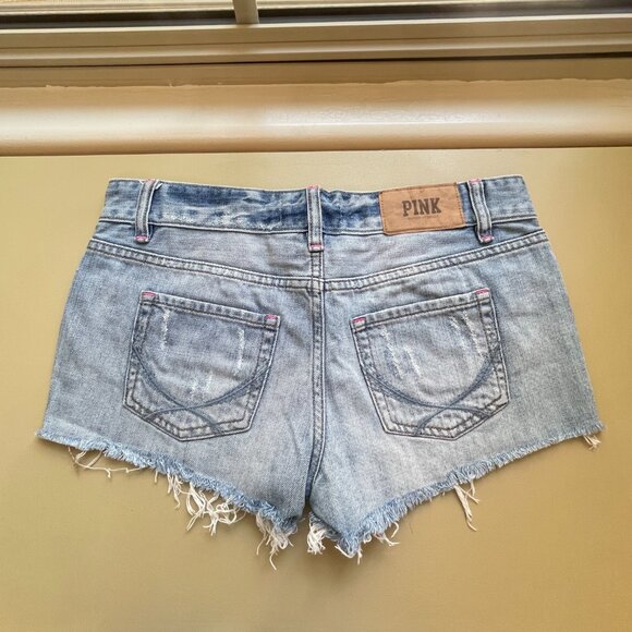 Victoria's Secret Pink Shorts 2 Blue Denim Jean Crystals Studs Distressed - Picture 5 of 9